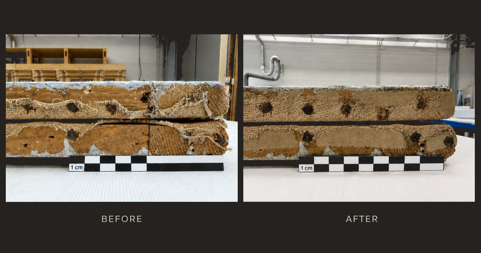 Before and after treatment of a damaged wooden beam