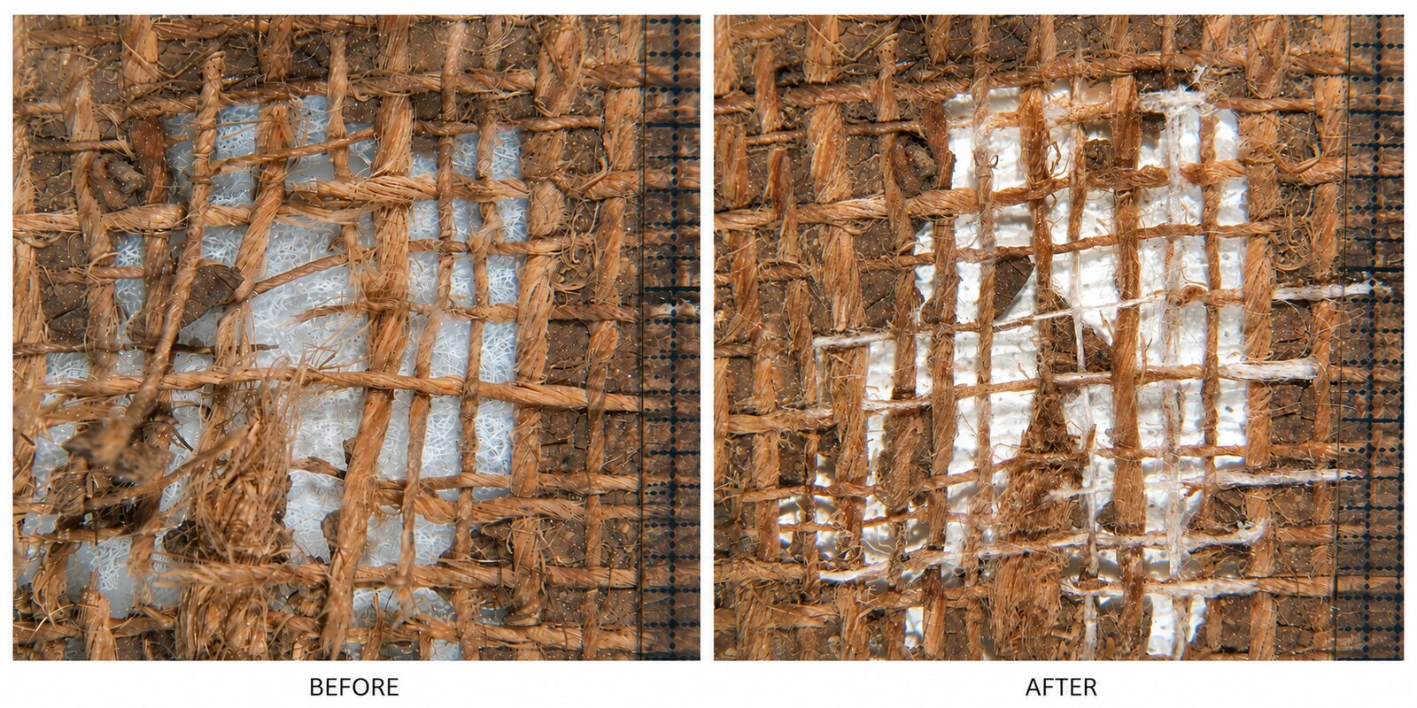 Before and after canvas weave consolidation