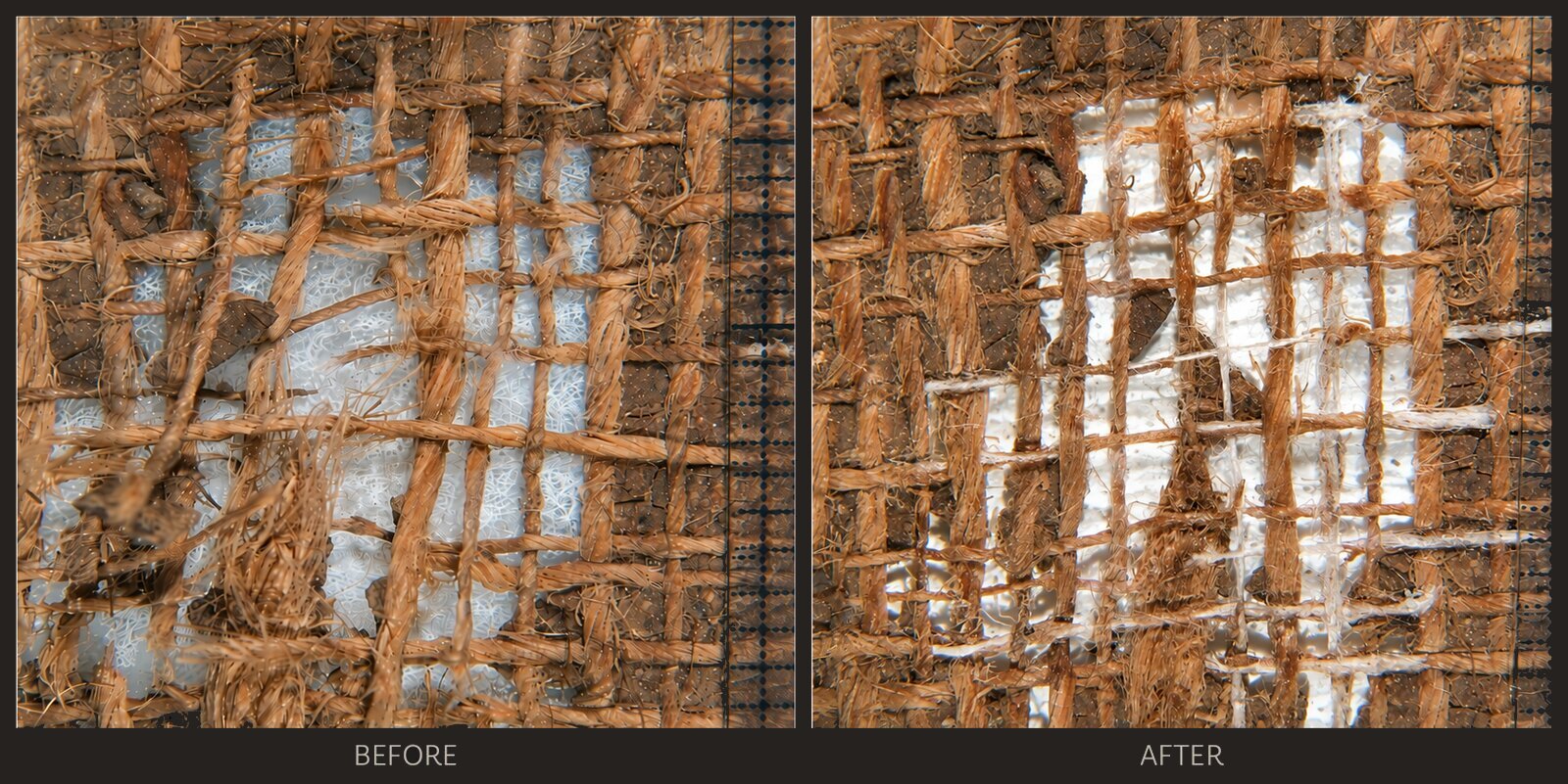 Before and after canvas weave consolidation