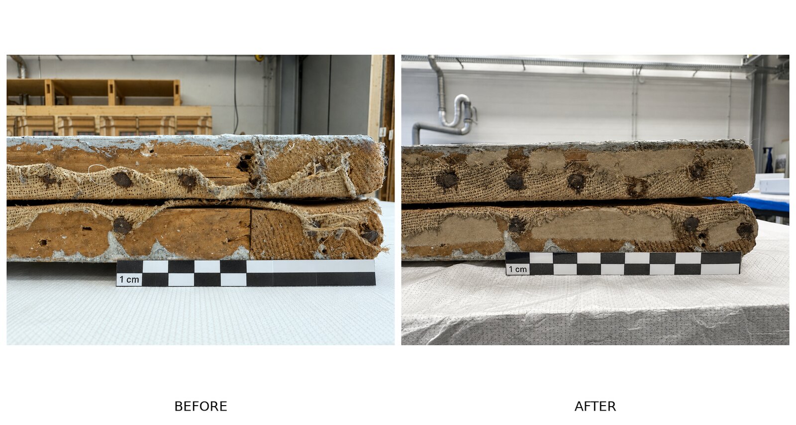 Before and after treatment of a damaged wooden beam